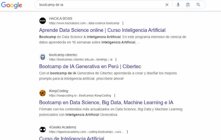 Ejemplo de página de resultados de búsqueda orgánicos o naturales con trabajos en SEO.