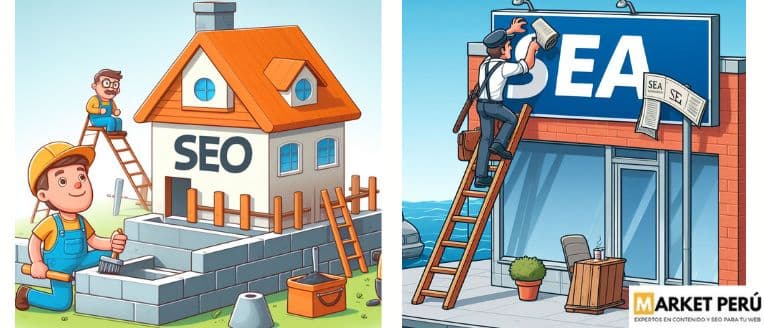 ejemplo de SEO y SEA en caricatura en el post SEO VS SEM y SEA de Market Perú