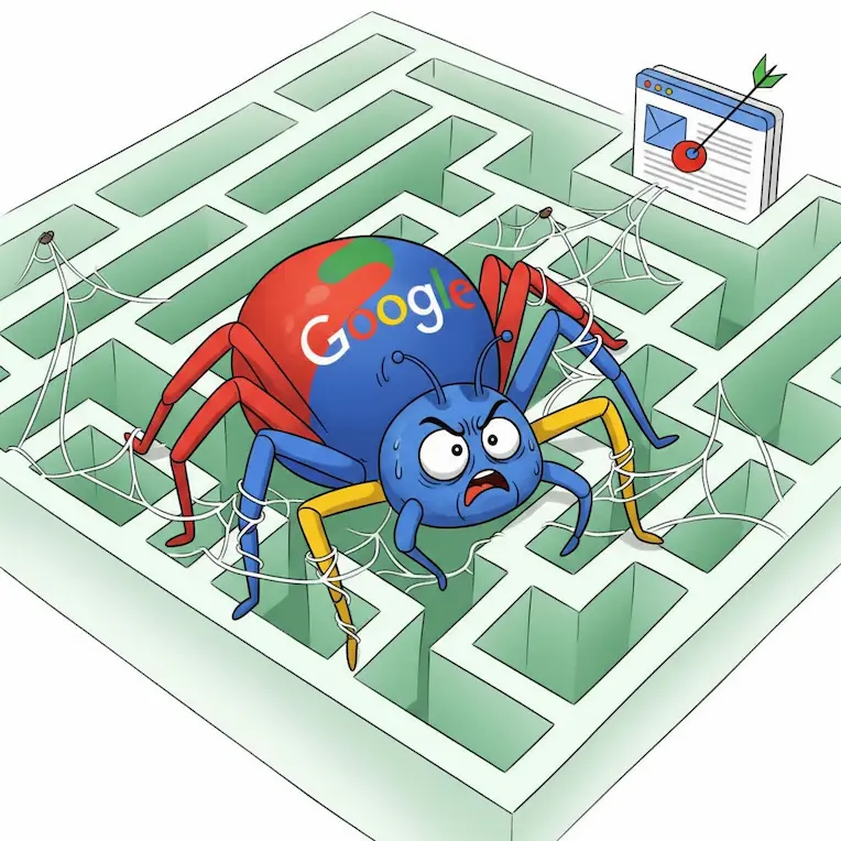 Ilustración de Googlebot (araña o spider) que no puede encontrar una página web cuando no está optimizada.