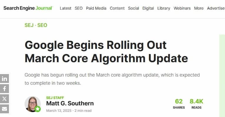 Noticia de la Core Update de Google de marzo 2025, en el sitio Search Engine Journal.