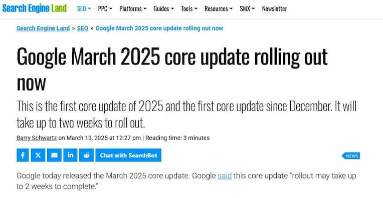 Noticia del cambio del algoritmo de Google en Search Engine Land.