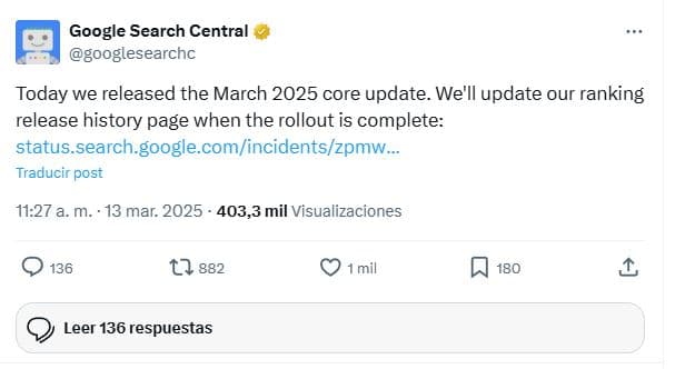 Post de Google en Twitter sobre el cambio del algoritmo de marzo 2025