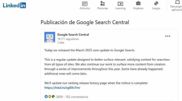 Post de Google en Linkedin, sobre la Core Update de marzo de 2025.