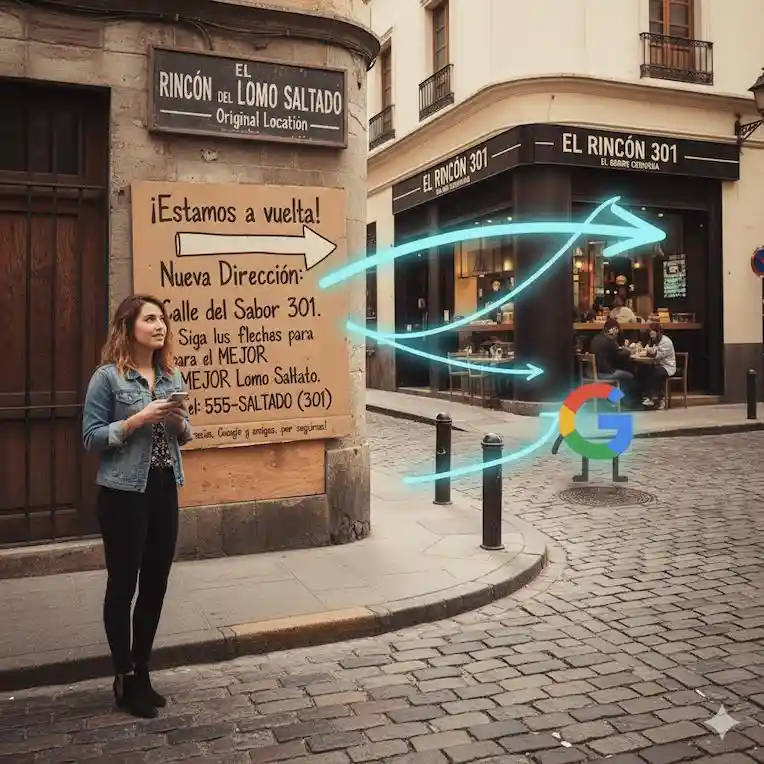 Mujer joven ve un letrero en un restaurante donde indica que cambió de dirección. Simula ejemplo de redireccionamiento 301.