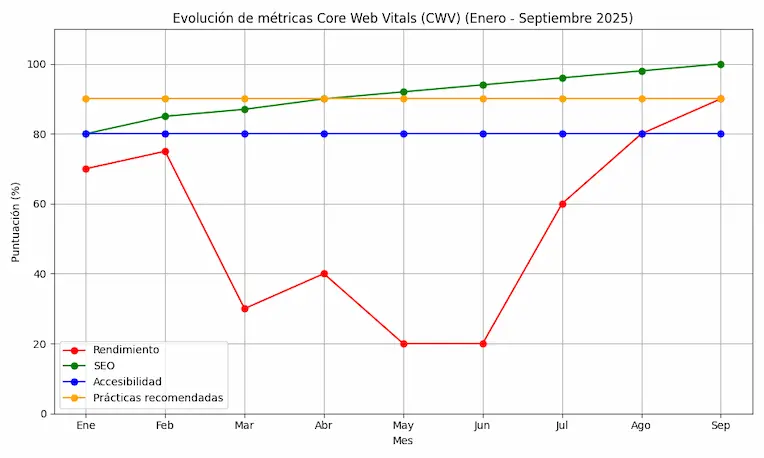 Gráfica de seguimiento de medición de velocidad web en Google para un sitio web.