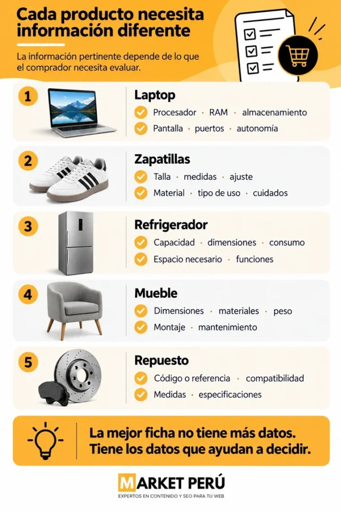 Infografía: datos clave para fichas técnicas de laptop, zapatillas, refrigerador, mueble y repuesto.