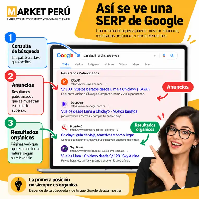 Ejemplo de SERP de Google con anuncios patrocinados y resultados orgánicos