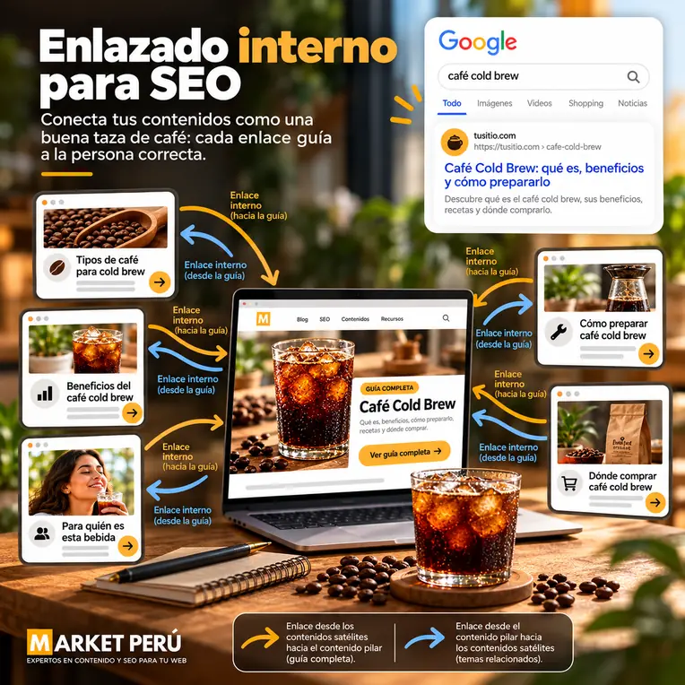 Enlazado interno SEO entre una guía de Café Cold Brew y sus contenidos temáticos relacionados.